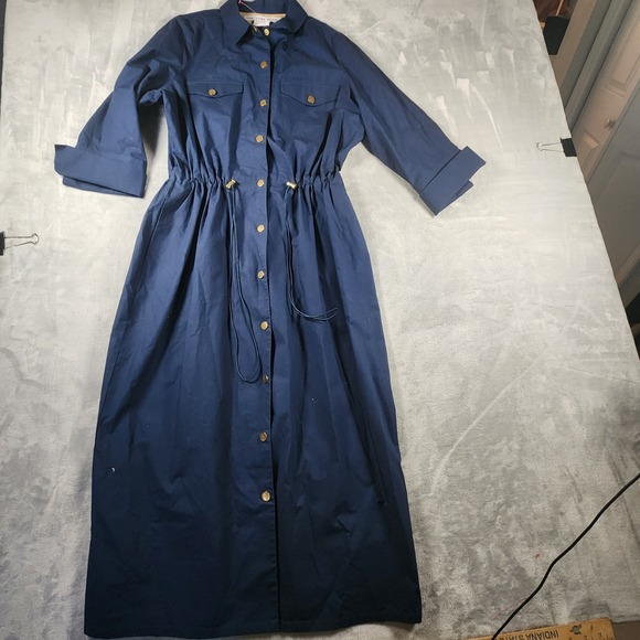 Gretchen Scott Designs Dresses & Skirts - Gretchen Scott Womens Navy Blue Cotton Drawstring Waist Shirt Dress Small